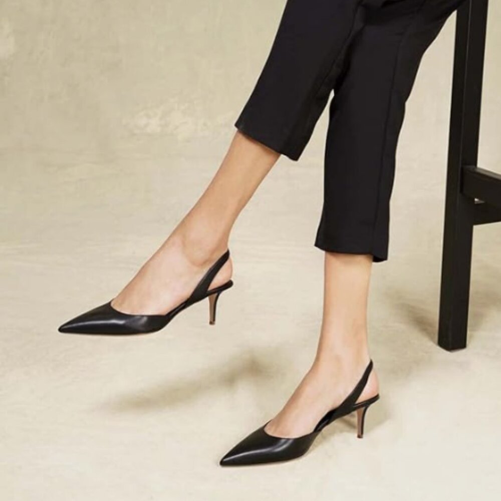 XYD Black Mid Heel Slingback Ankle Strap Pointed Toe Comfortable Party Sandals
